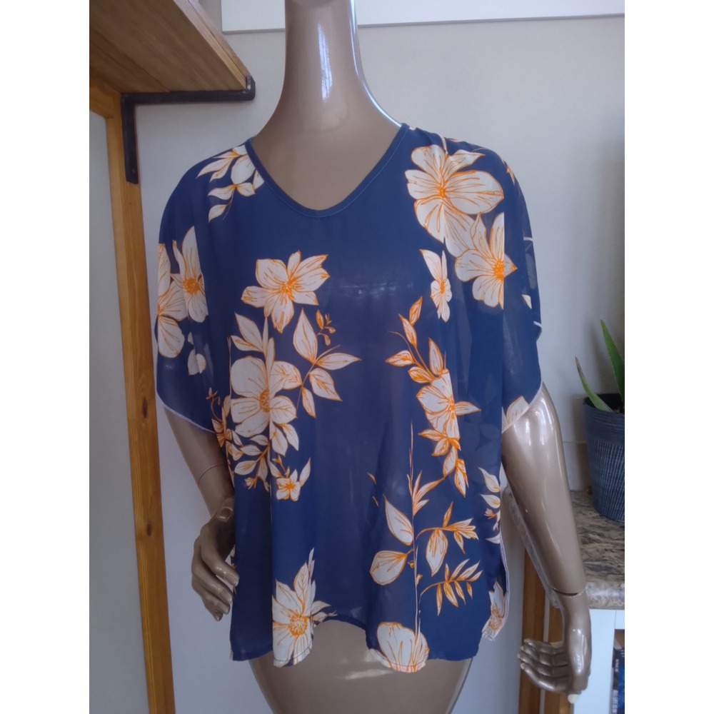Pixie Girl Navy Blue Floral Chiffon Ponho V-Neck Sheer Blouse Top